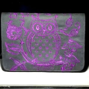 Owl Clutch Purse Embroidered Gray Soft Suede Purple Everyday Purse Bag Fun NWT